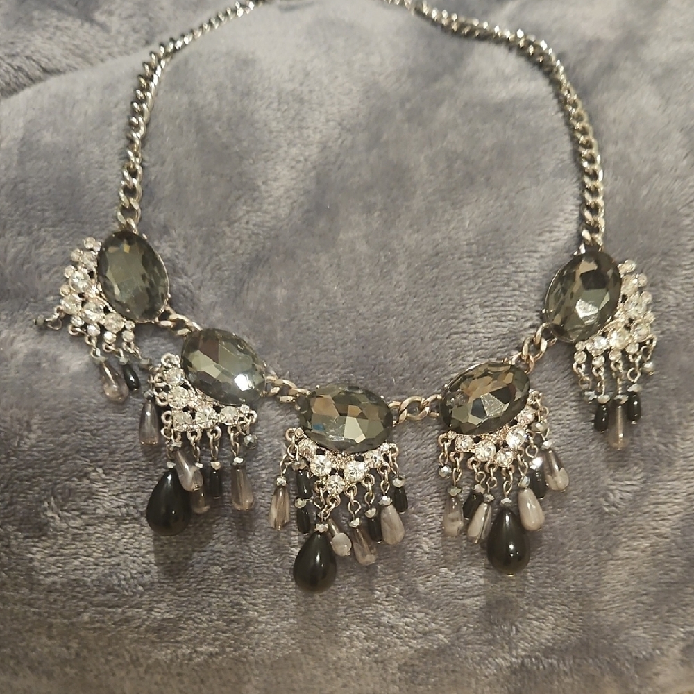 Chandelier Silver and Black Necklace with Crystal Accents